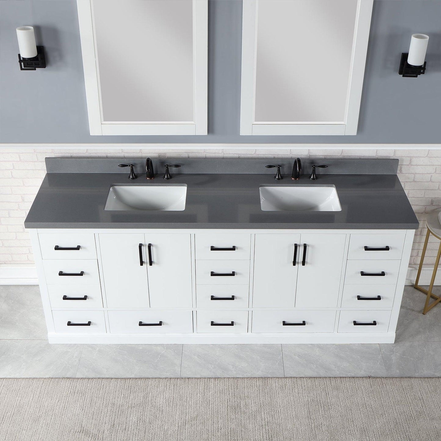 Altair Monna 84" White Freestanding Double Bathroom Vanity Set With Mirror, Concrete Grey Composite Stone Top, Two Rectangular Undermount Ceramic Sinks, Overflow, and Backsplash