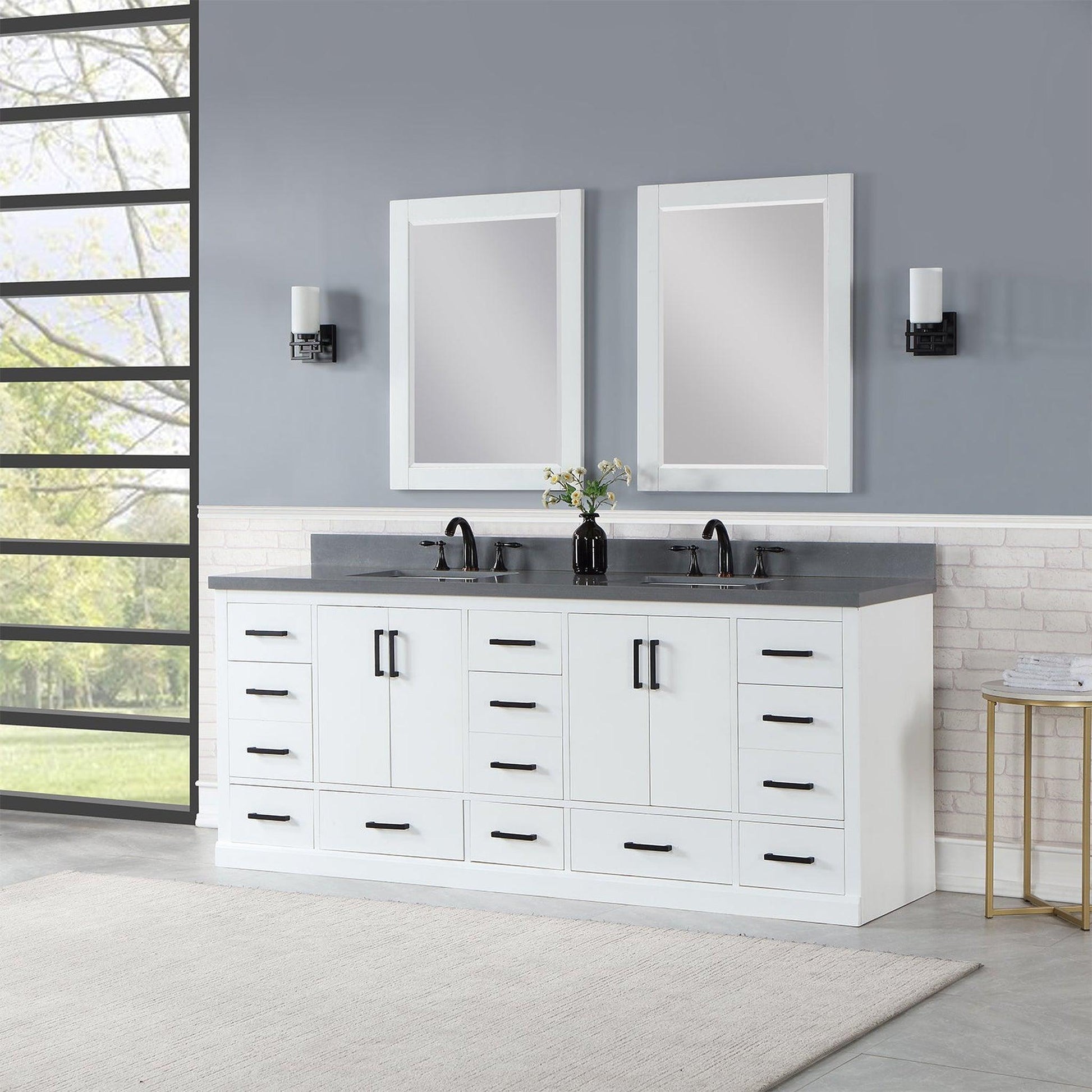 Altair Monna 84" White Freestanding Double Bathroom Vanity Set With Mirror, Concrete Grey Composite Stone Top, Two Rectangular Undermount Ceramic Sinks, Overflow, and Backsplash