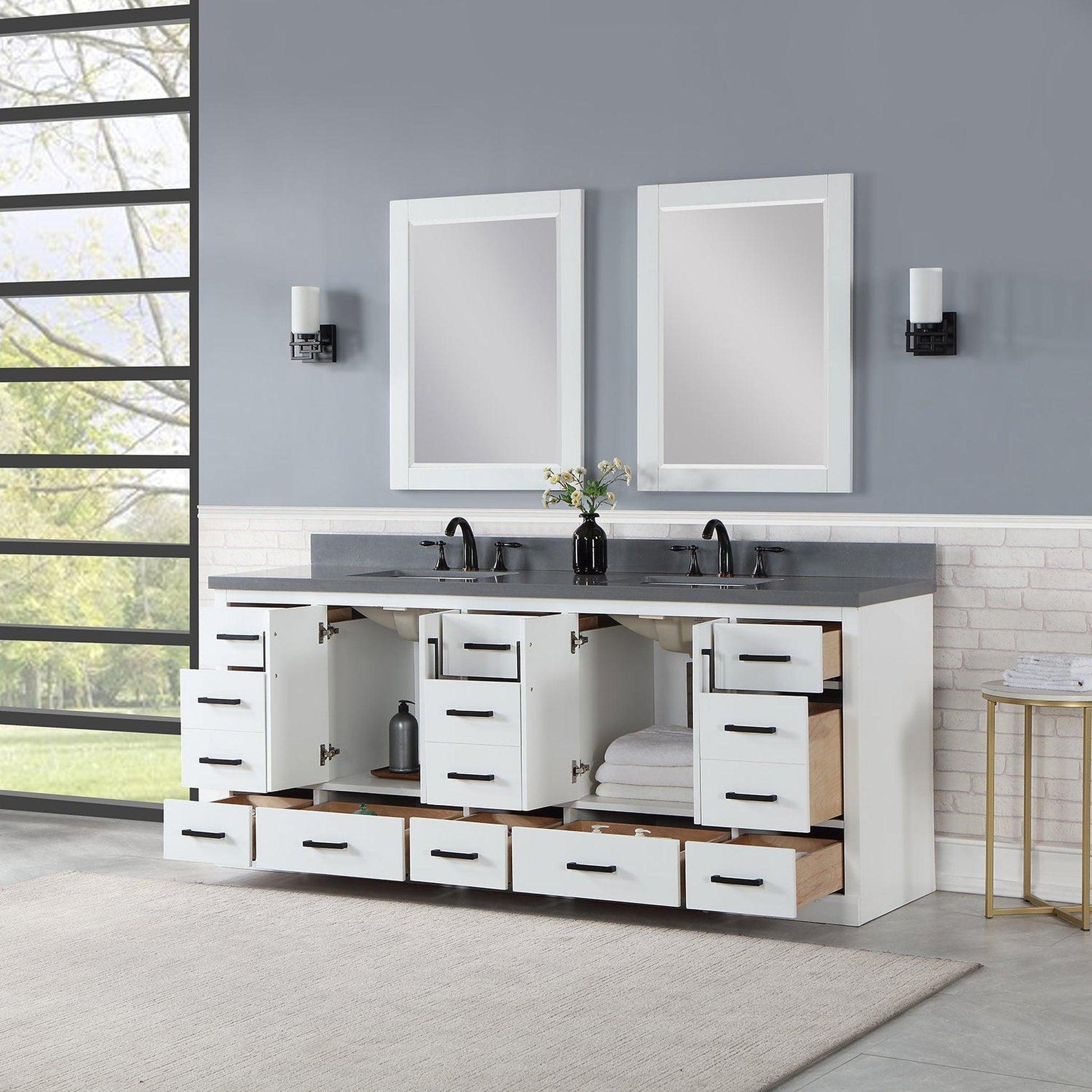 Altair Monna 84" White Freestanding Double Bathroom Vanity Set With Mirror, Concrete Grey Composite Stone Top, Two Rectangular Undermount Ceramic Sinks, Overflow, and Backsplash