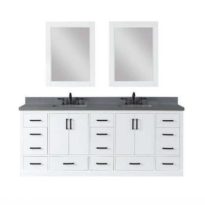 Altair Monna 84" White Freestanding Double Bathroom Vanity Set With Mirror, Concrete Grey Composite Stone Top, Two Rectangular Undermount Ceramic Sinks, Overflow, and Backsplash