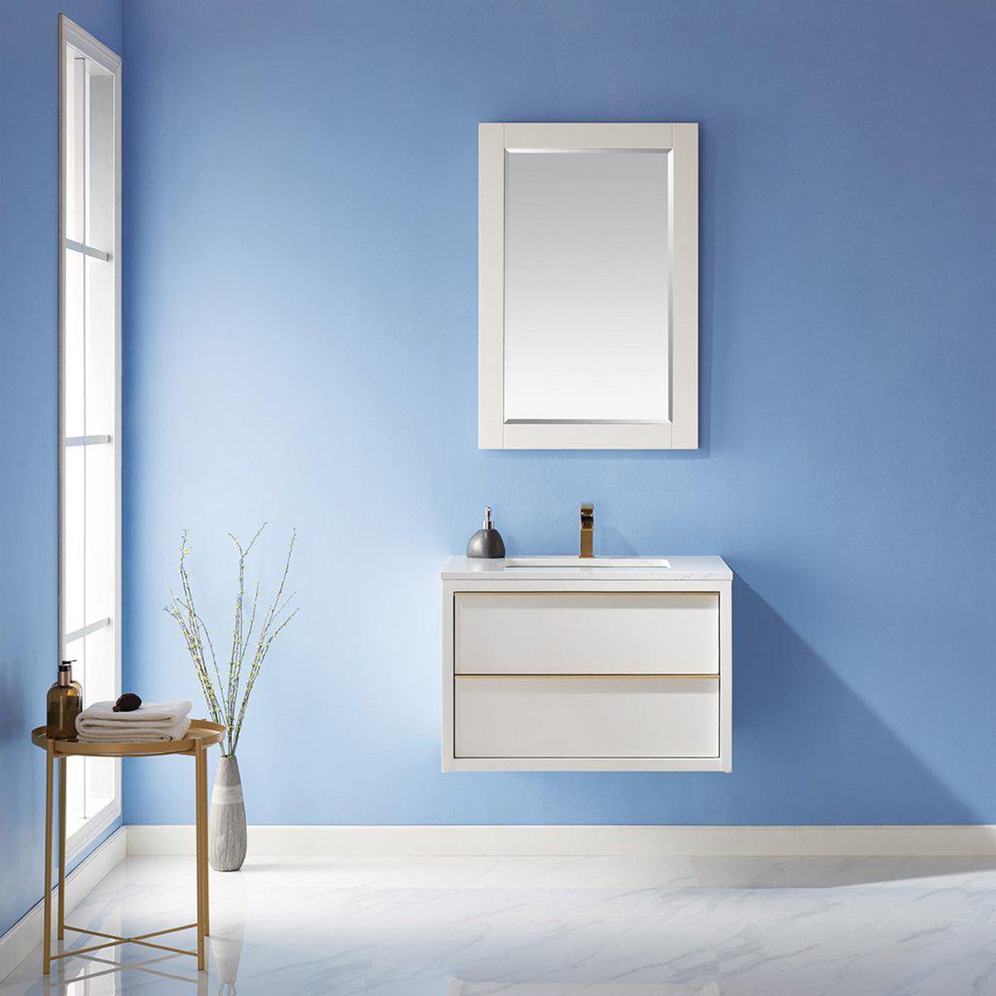 Altair Morgan 30" Single White Wall-Mounted Bathroom Vanity Set With Mirror, Aosta White Composite Stone Top, Rectangular Undermount Ceramic Sink, and Overflow