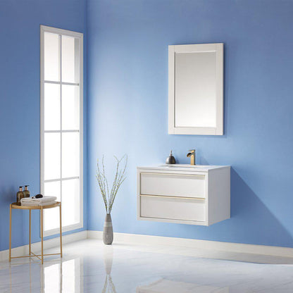 Altair Morgan 30" Single White Wall-Mounted Bathroom Vanity Set With Mirror, Aosta White Composite Stone Top, Rectangular Undermount Ceramic Sink, and Overflow