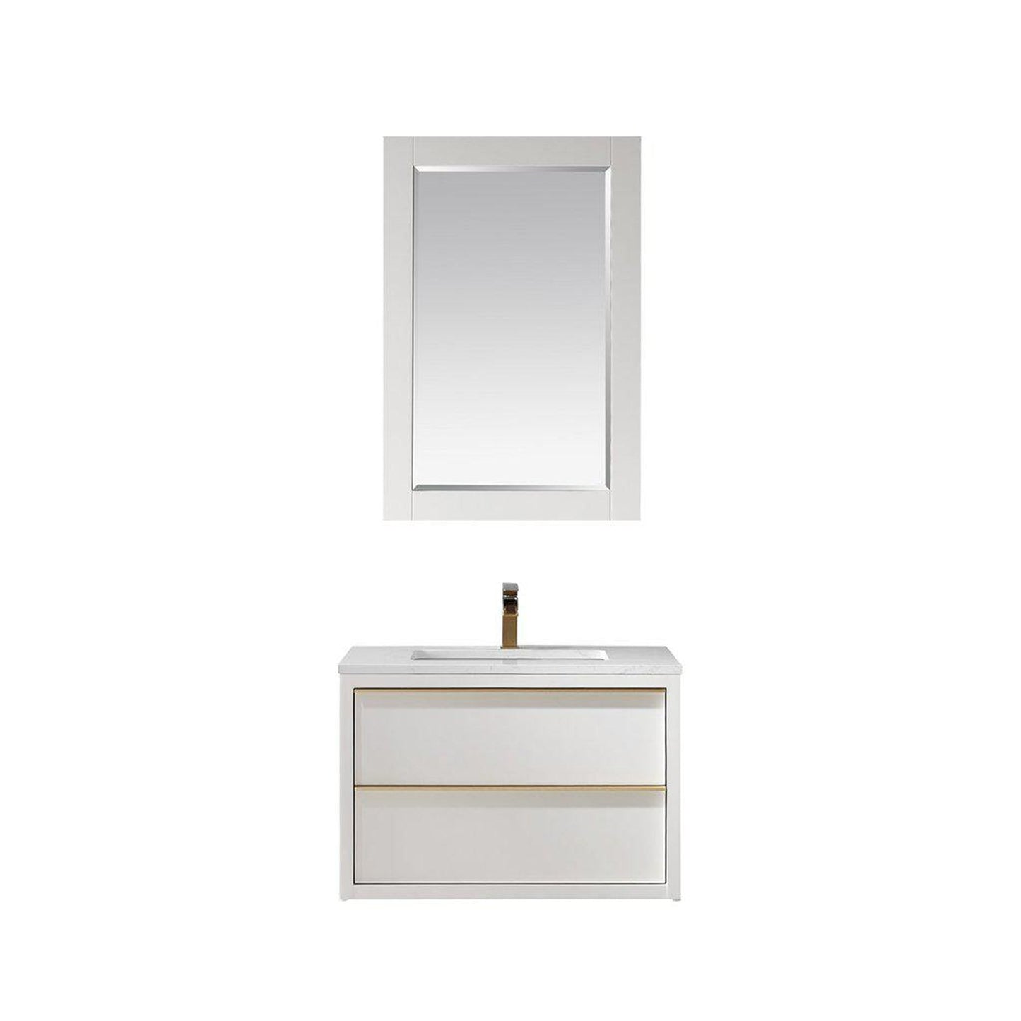 Altair Morgan 30" Single White Wall-Mounted Bathroom Vanity Set With Mirror, Aosta White Composite Stone Top, Rectangular Undermount Ceramic Sink, and Overflow