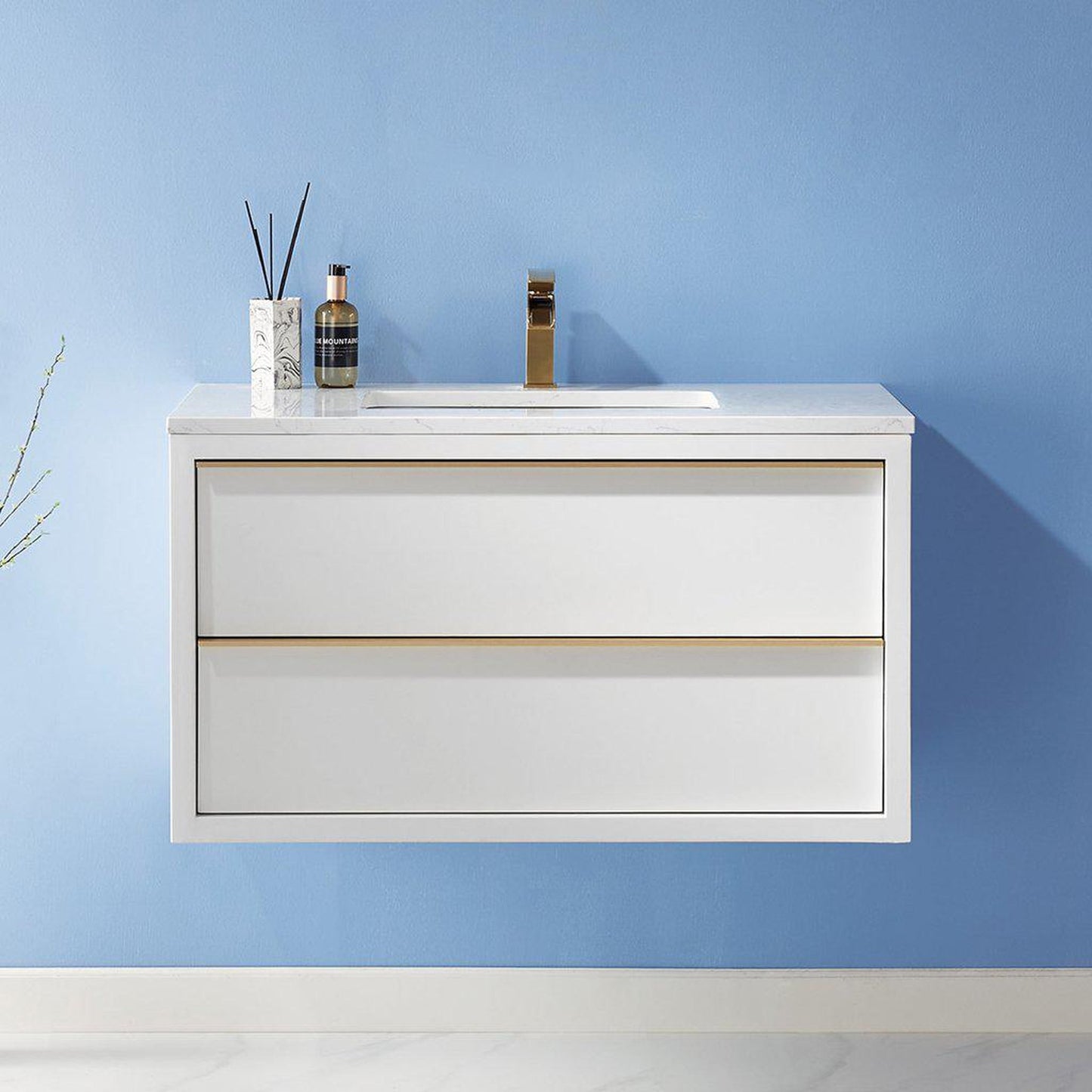 Altair Morgan 36" Single White Wall-Mounted Bathroom Vanity Set With Aosta White Composite Stone Top, Rectangular Undermount Ceramic Sink, and Overflow