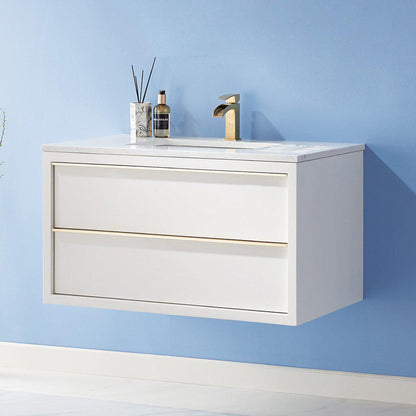 Altair Morgan 36" Single White Wall-Mounted Bathroom Vanity Set With Aosta White Composite Stone Top, Rectangular Undermount Ceramic Sink, and Overflow