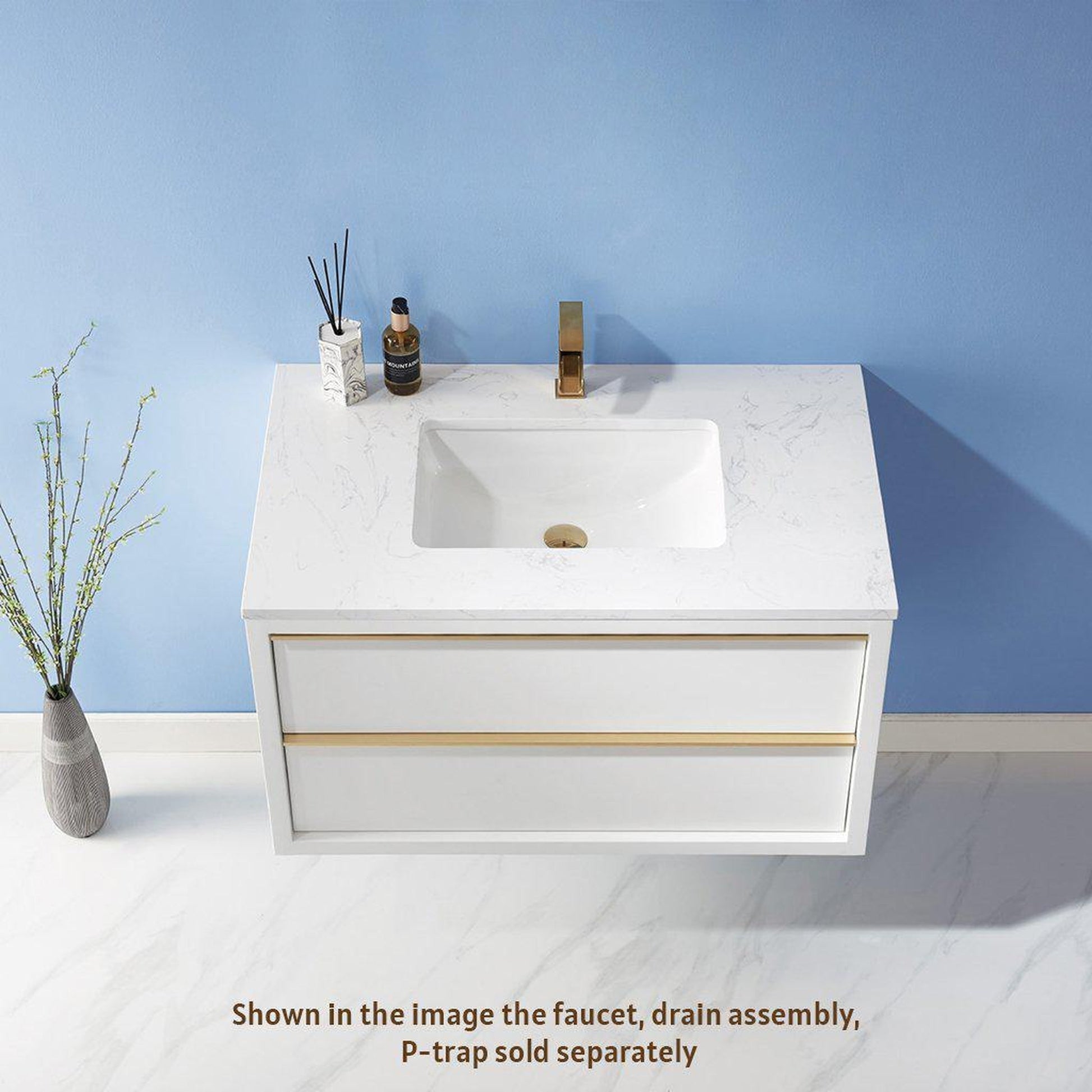 Altair Morgan 36" Single White Wall-Mounted Bathroom Vanity Set With Aosta White Composite Stone Top, Rectangular Undermount Ceramic Sink, and Overflow