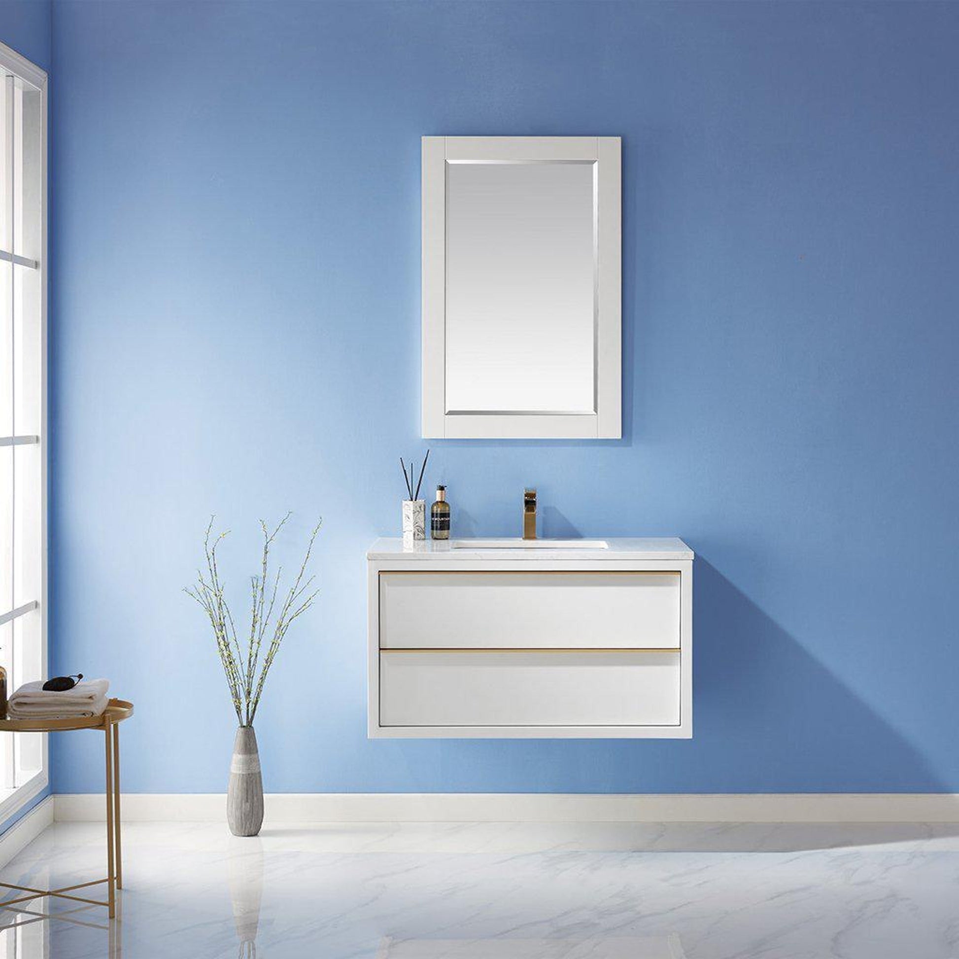 Altair Morgan 36" Single White Wall-Mounted Bathroom Vanity Set With Mirror, Aosta White Composite Stone Top, Rectangular Undermount Ceramic Sink, and Overflow