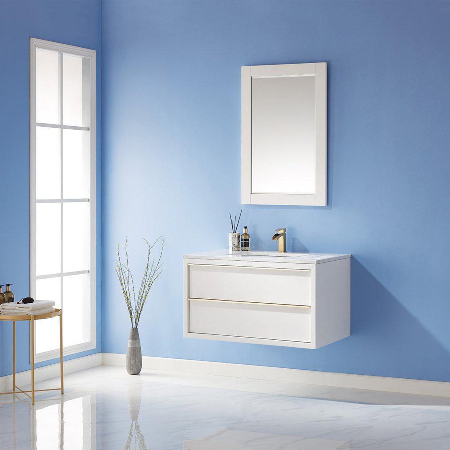 Altair Morgan 36" Single White Wall-Mounted Bathroom Vanity Set With Mirror, Aosta White Composite Stone Top, Rectangular Undermount Ceramic Sink, and Overflow