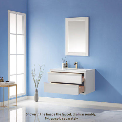 Altair Morgan 36" Single White Wall-Mounted Bathroom Vanity Set With Mirror, Aosta White Composite Stone Top, Rectangular Undermount Ceramic Sink, and Overflow