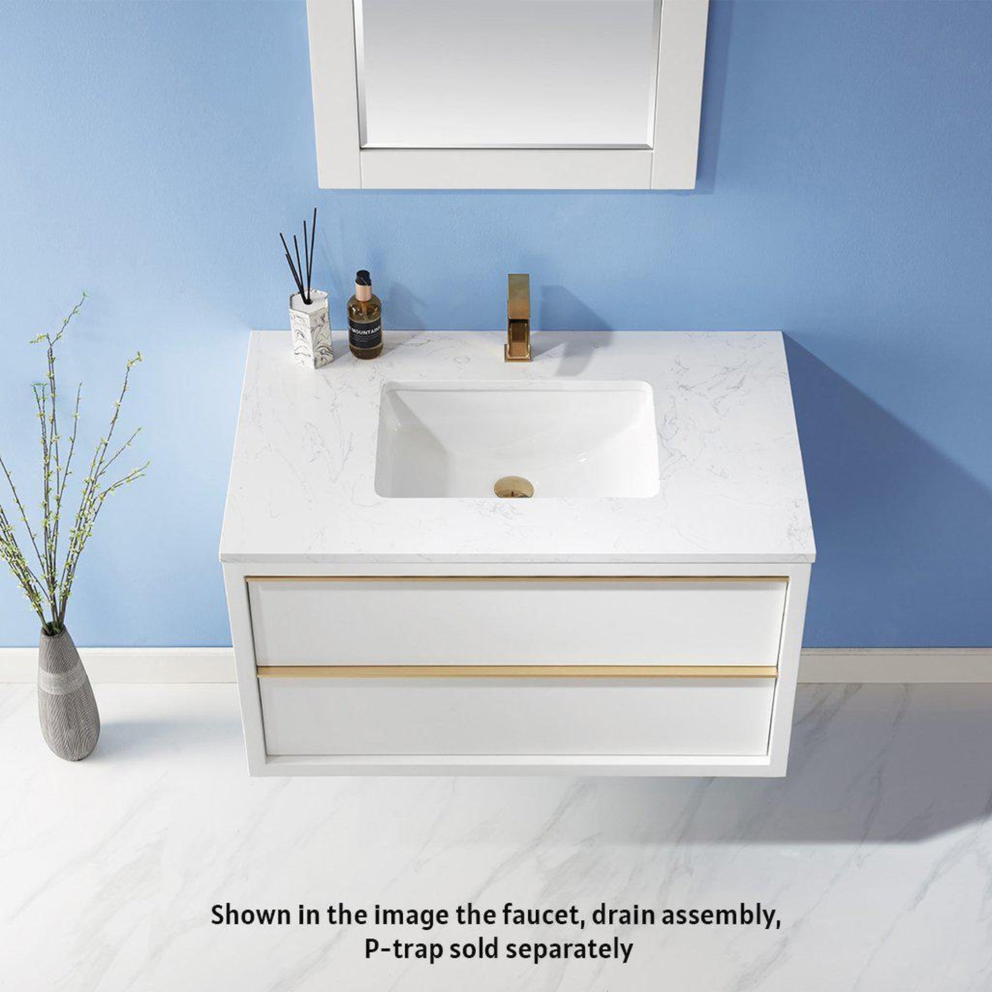 Altair Morgan 36" Single White Wall-Mounted Bathroom Vanity Set With Mirror, Aosta White Composite Stone Top, Rectangular Undermount Ceramic Sink, and Overflow