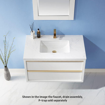 Altair Morgan 36" Single White Wall-Mounted Bathroom Vanity Set With Mirror, Aosta White Composite Stone Top, Rectangular Undermount Ceramic Sink, and Overflow