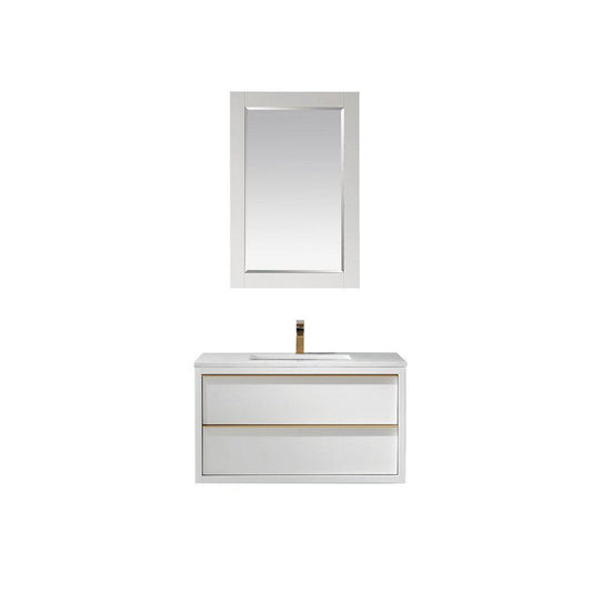 Altair Morgan 36" Single White Wall-Mounted Bathroom Vanity Set With Mirror, Aosta White Composite Stone Top, Rectangular Undermount Ceramic Sink, and Overflow