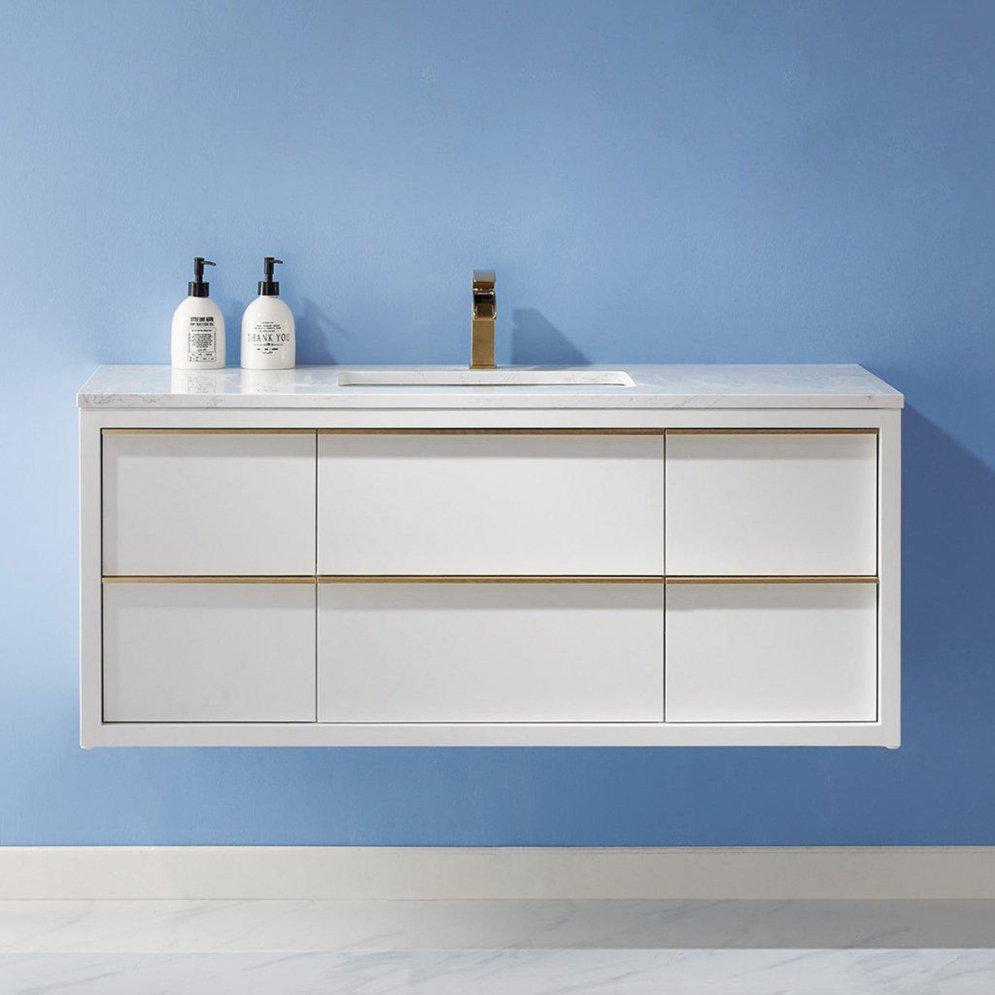 Altair Morgan 48" Single White Wall-Mounted Bathroom Vanity Set With Aosta White Composite Stone Top, Rectangular Undermount Ceramic Sink, and Overflow