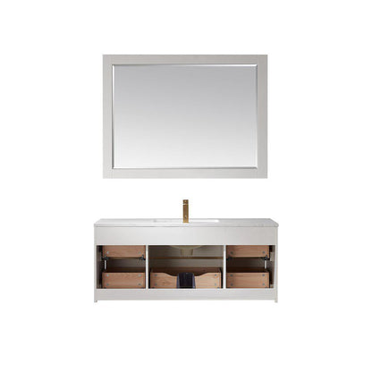 Altair Morgan 48" Single White Wall-Mounted Bathroom Vanity Set With Mirror, Aosta White Composite Stone Top, Rectangular Undermount Ceramic Sink, and Overflow