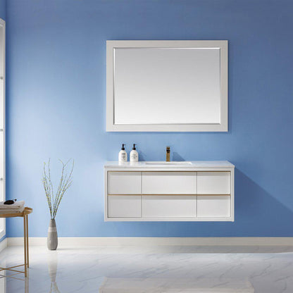 Altair Morgan 48" Single White Wall-Mounted Bathroom Vanity Set With Mirror, Aosta White Composite Stone Top, Rectangular Undermount Ceramic Sink, and Overflow