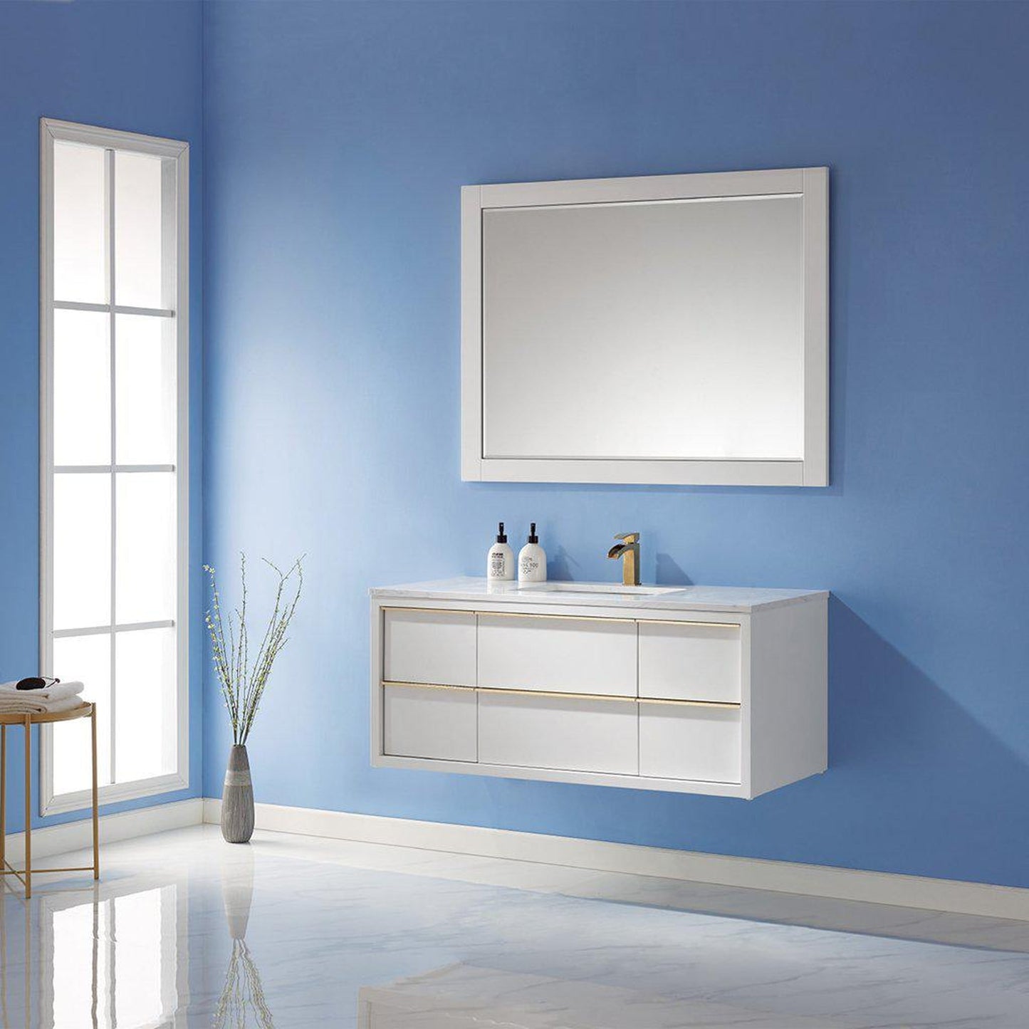 Altair Morgan 48" Single White Wall-Mounted Bathroom Vanity Set With Mirror, Aosta White Composite Stone Top, Rectangular Undermount Ceramic Sink, and Overflow