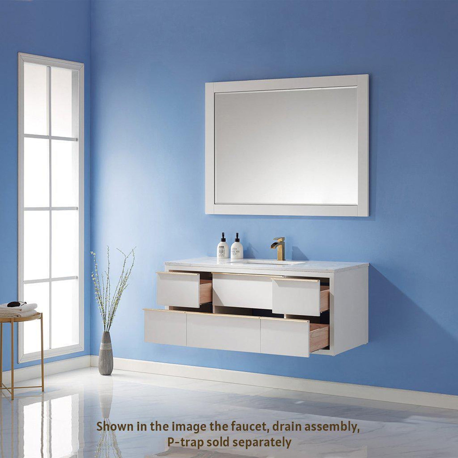 Altair Morgan 48" Single White Wall-Mounted Bathroom Vanity Set With Mirror, Aosta White Composite Stone Top, Rectangular Undermount Ceramic Sink, and Overflow