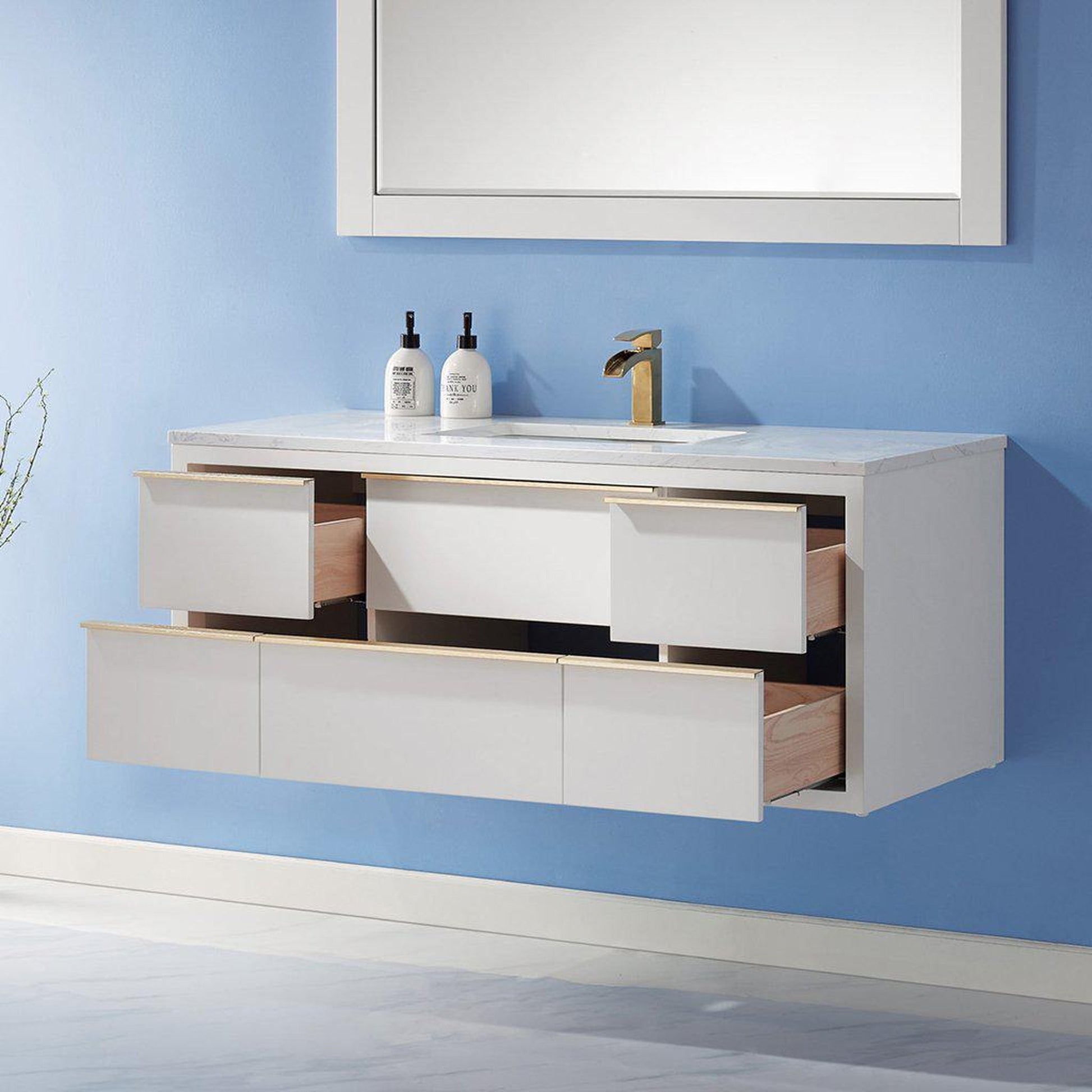 Altair Morgan 48" Single White Wall-Mounted Bathroom Vanity Set With Mirror, Aosta White Composite Stone Top, Rectangular Undermount Ceramic Sink, and Overflow