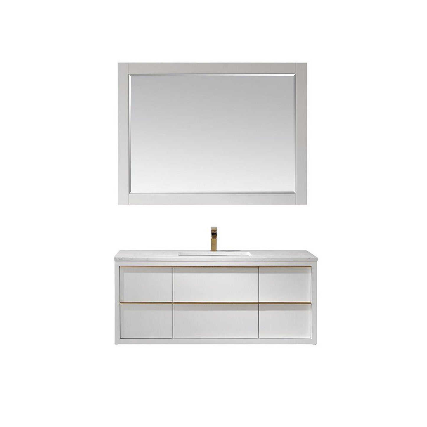 Altair Morgan 48" Single White Wall-Mounted Bathroom Vanity Set With Mirror, Aosta White Composite Stone Top, Rectangular Undermount Ceramic Sink, and Overflow