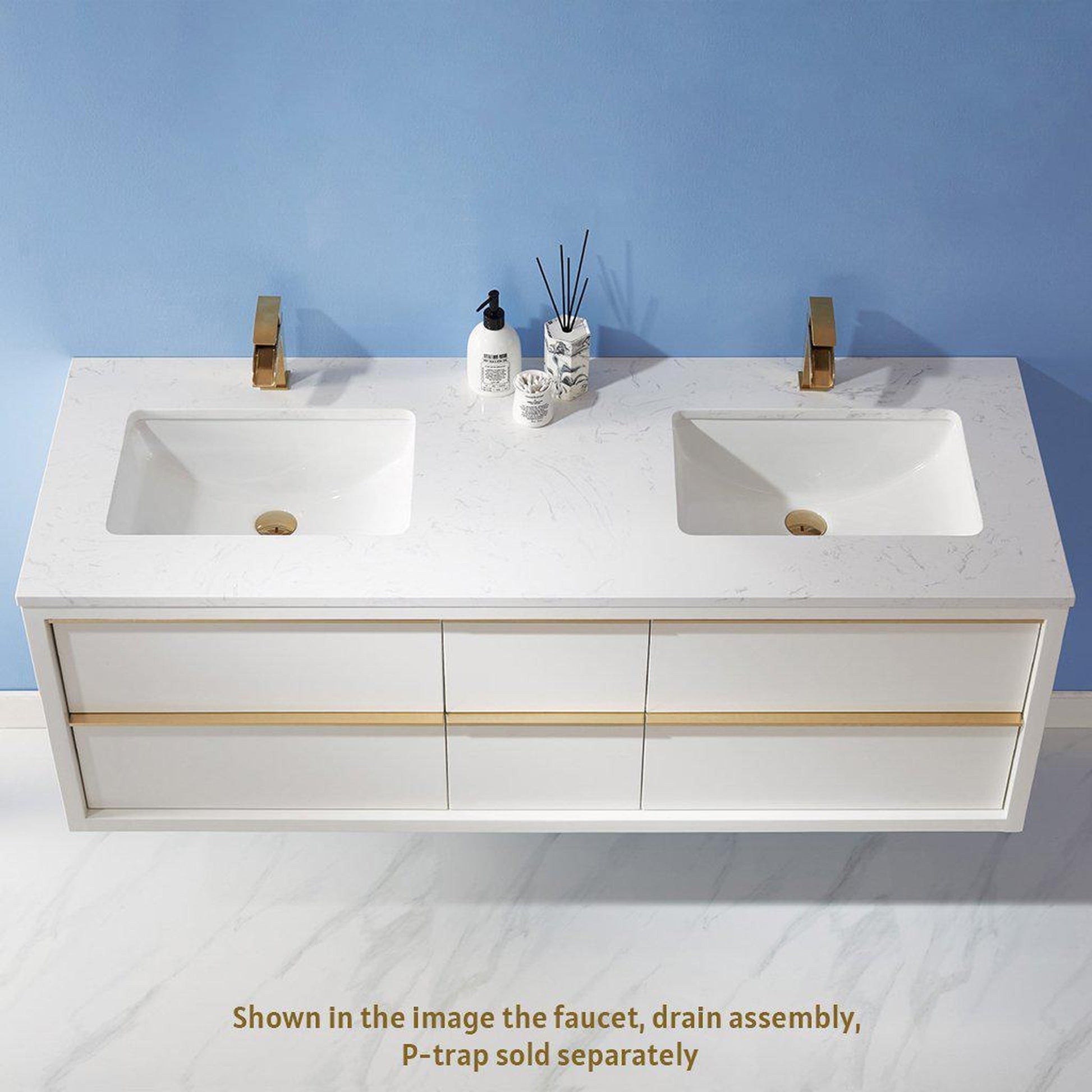 Altair Morgan 60" Double White Wall-Mounted Bathroom Vanity Set With Aosta White Composite Stone Top, Two Rectangular Undermount Ceramic Sinks, and Overflow