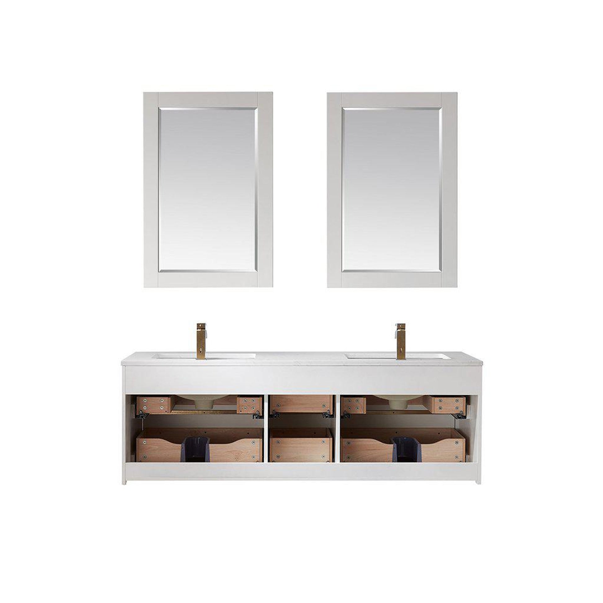Altair Morgan 60" Double White Wall-Mounted Bathroom Vanity Set With Mirror, Aosta White Composite Stone Top, Two Rectangular Undermount Ceramic Sinks, and Overflow