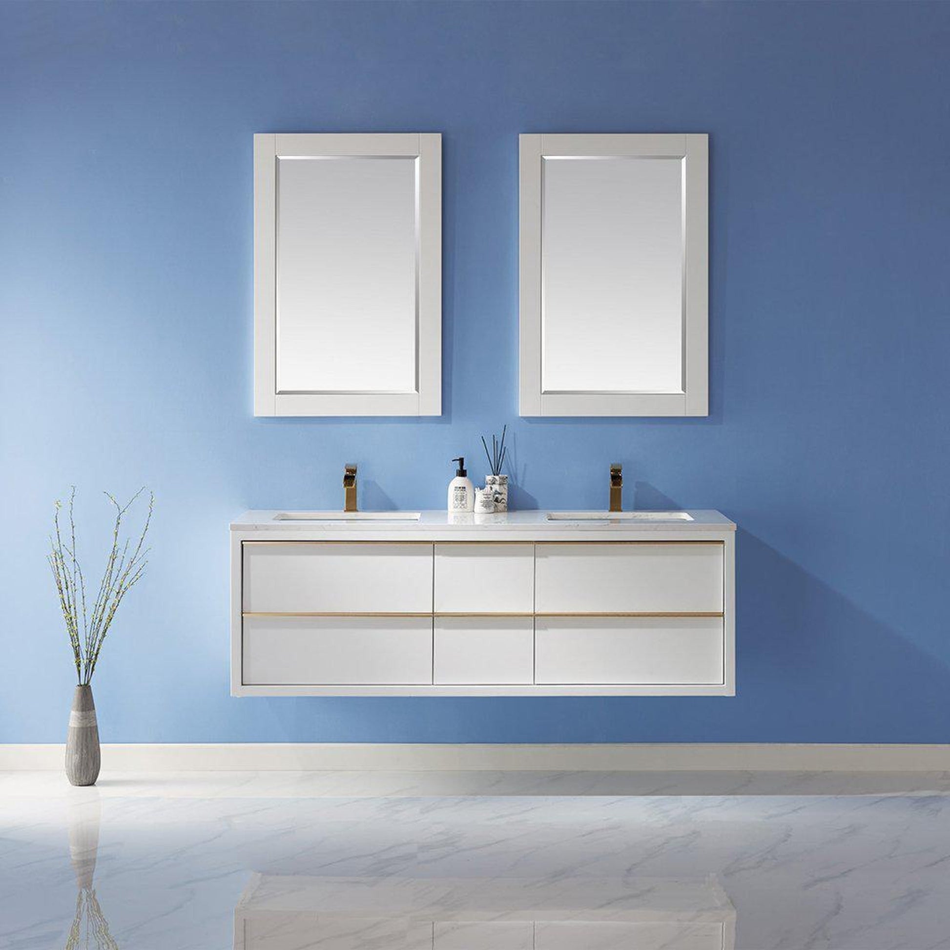 Altair Morgan 60" Double White Wall-Mounted Bathroom Vanity Set With Mirror, Aosta White Composite Stone Top, Two Rectangular Undermount Ceramic Sinks, and Overflow