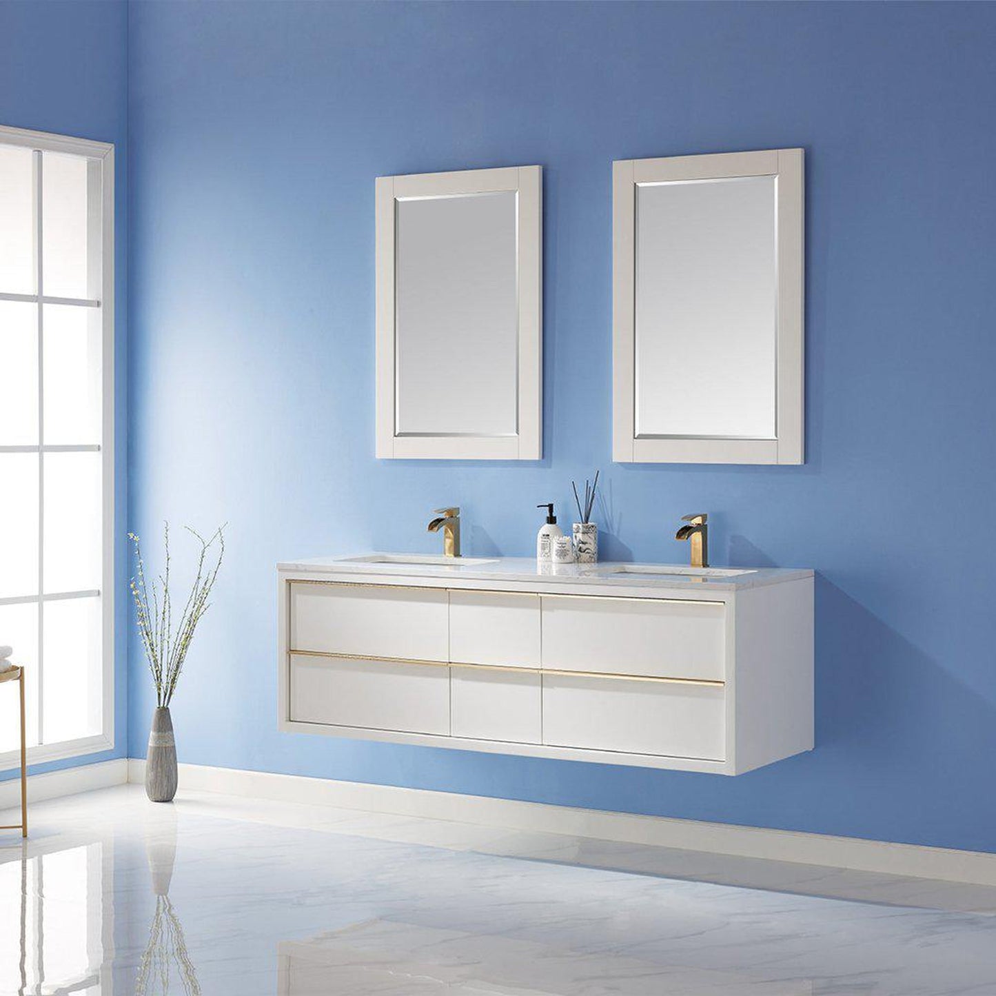 Altair Morgan 60" Double White Wall-Mounted Bathroom Vanity Set With Mirror, Aosta White Composite Stone Top, Two Rectangular Undermount Ceramic Sinks, and Overflow