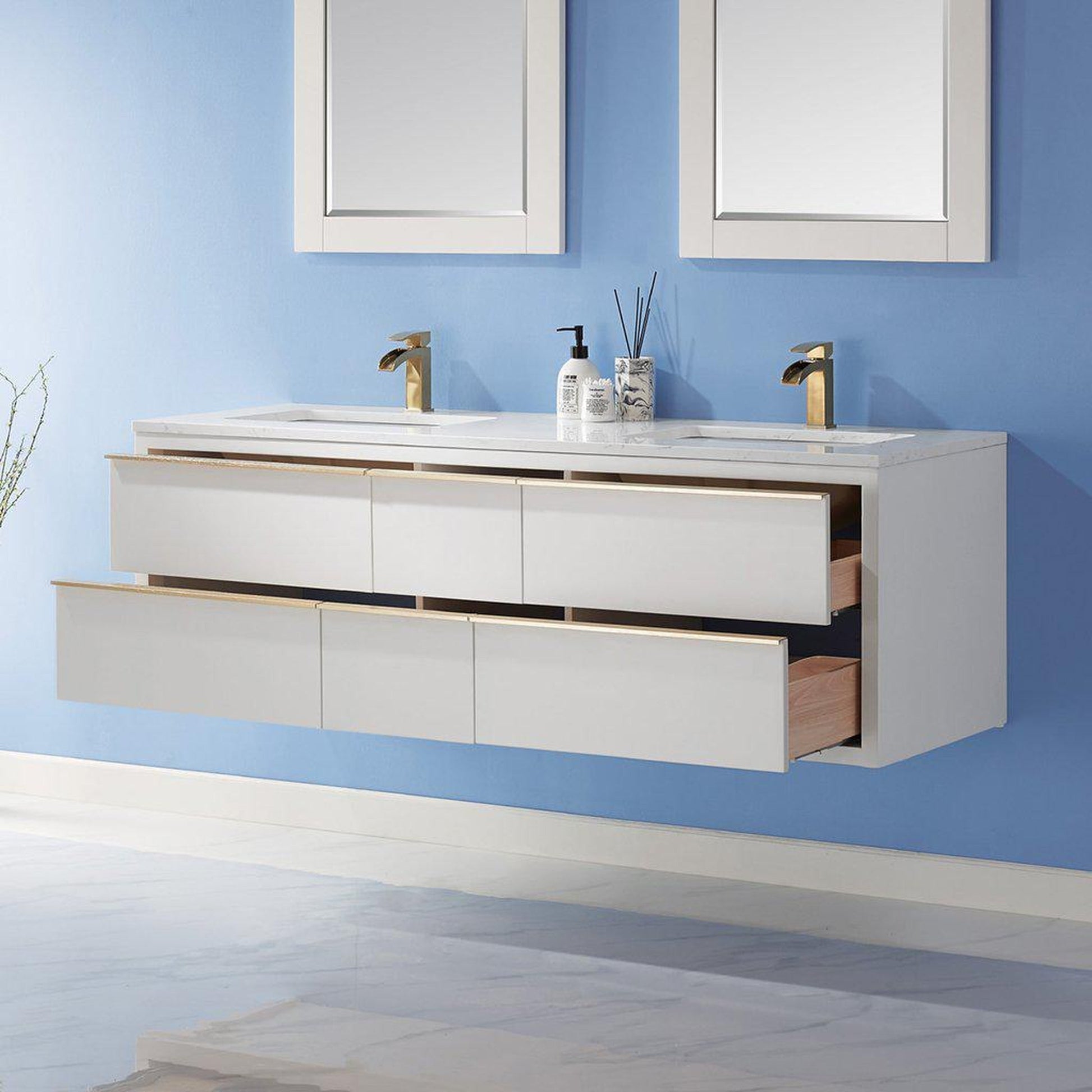 Altair Morgan 60" Double White Wall-Mounted Bathroom Vanity Set With Mirror, Aosta White Composite Stone Top, Two Rectangular Undermount Ceramic Sinks, and Overflow