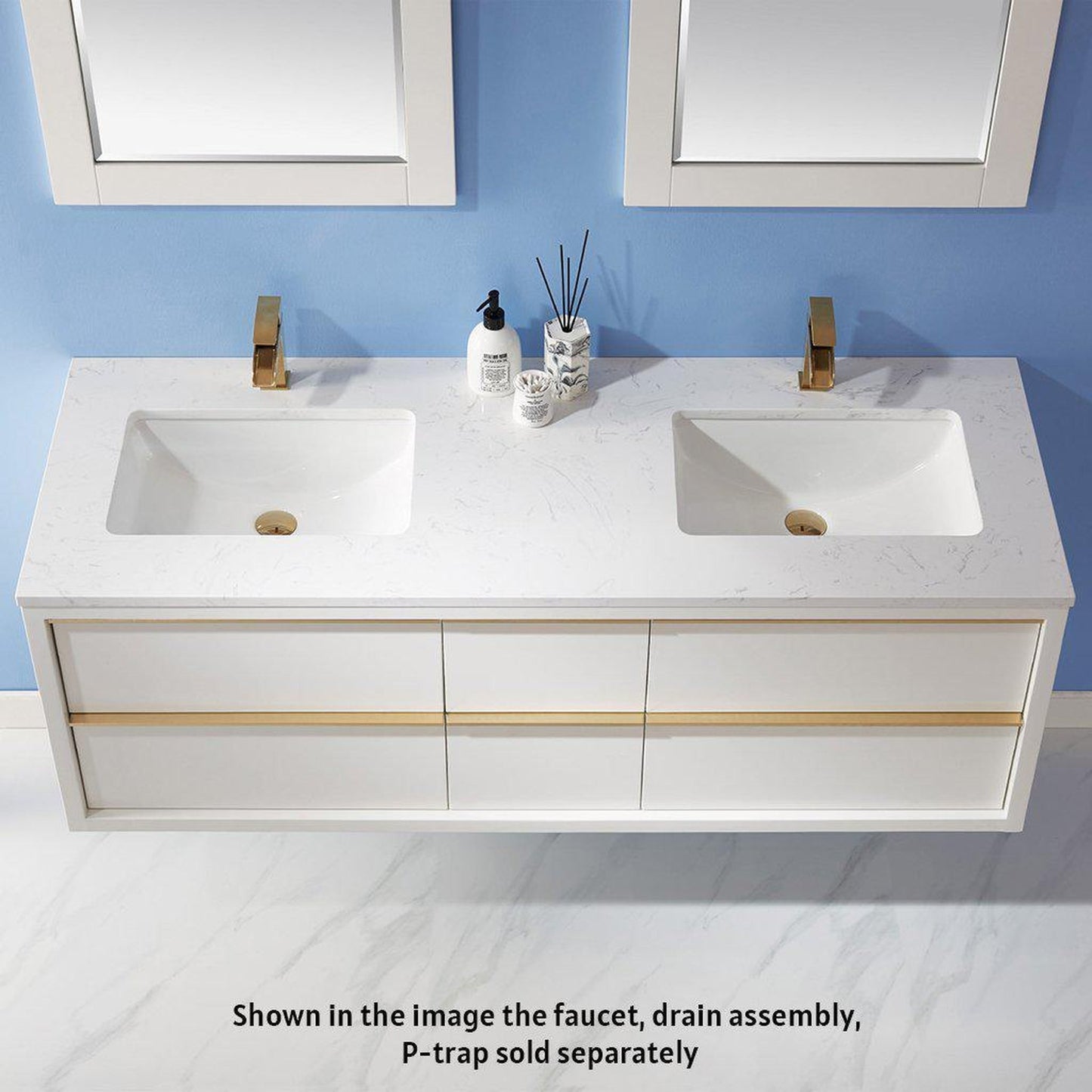 Altair Morgan 60" Double White Wall-Mounted Bathroom Vanity Set With Mirror, Aosta White Composite Stone Top, Two Rectangular Undermount Ceramic Sinks, and Overflow