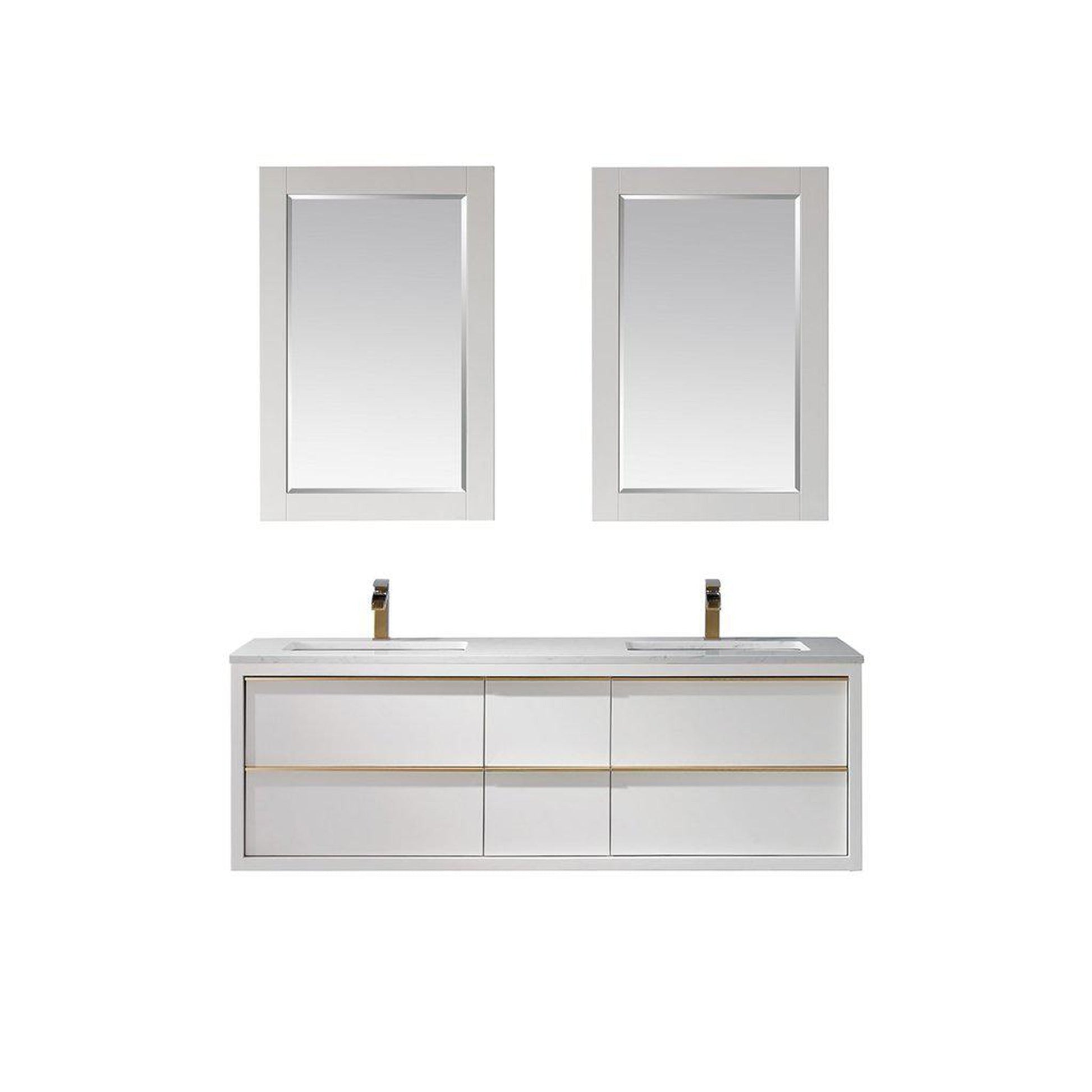 Altair Morgan 60" Double White Wall-Mounted Bathroom Vanity Set With Mirror, Aosta White Composite Stone Top, Two Rectangular Undermount Ceramic Sinks, and Overflow