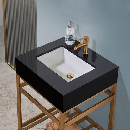 Altair Nauders 24" Brushed Gold Single Stainless Steel Bathroom Vanity Set Console With Imperial Black Stone Top, Single Rectangular Undermount Ceramic Sink, and Safety Overflow Hole