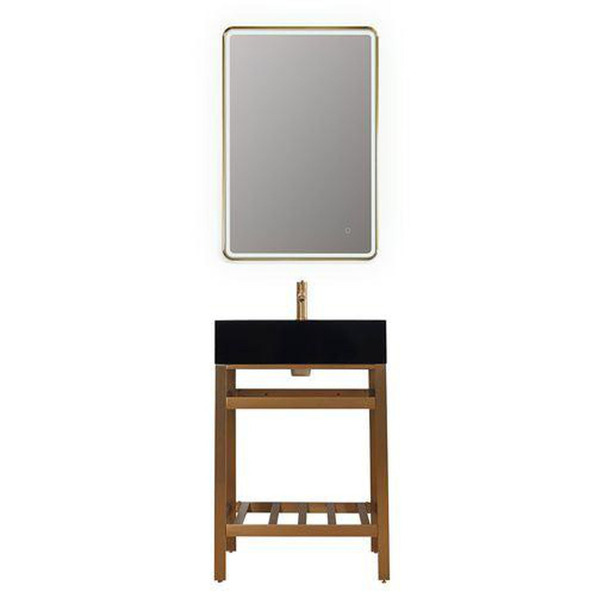 Altair Nauders 24" Brushed Gold Single Stainless Steel Bathroom Vanity Set Console With Mirror, Imperial Black Stone Top, Single Rectangular Undermount Ceramic Sink, and Safety Overflow Hole