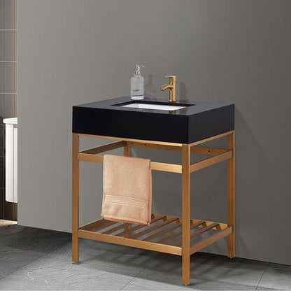 Altair Nauders 30" Brushed Gold Single Stainless Steel Bathroom Vanity Set Console With Imperial Black Stone Top, Single Rectangular Undermount Ceramic Sink, and Safety Overflow Hole