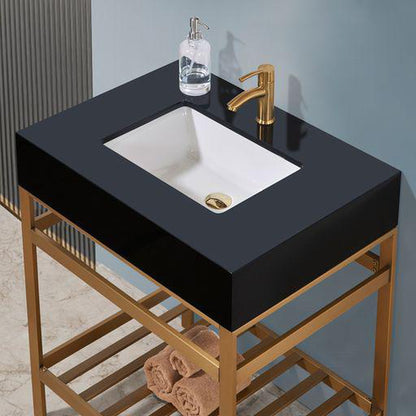Altair Nauders 30" Brushed Gold Single Stainless Steel Bathroom Vanity Set Console With Imperial Black Stone Top, Single Rectangular Undermount Ceramic Sink, and Safety Overflow Hole