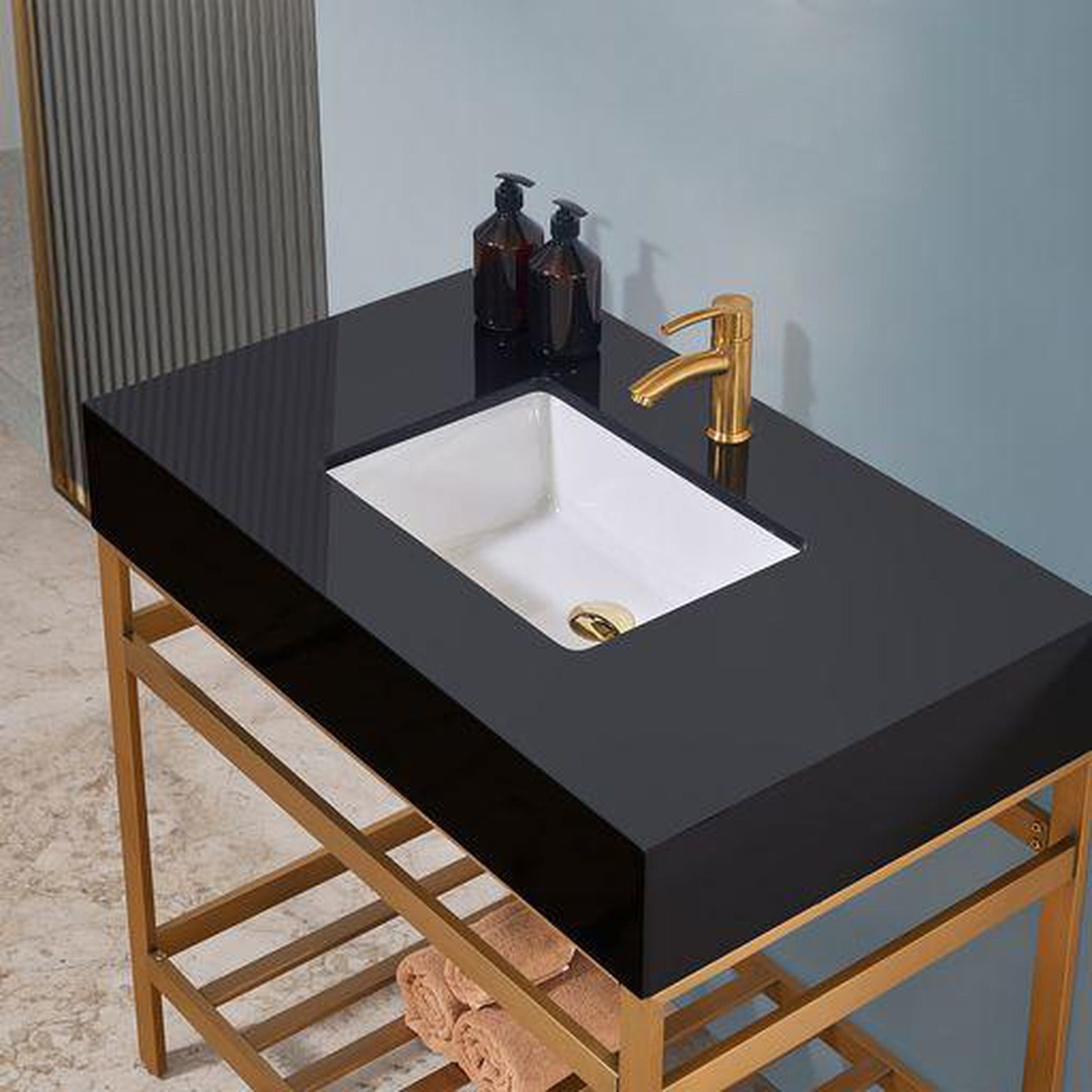 Altair Nauders 36" Brushed Gold Single Stainless Steel Bathroom Vanity Set Console With Imperial Black Stone Top, Single Rectangular Undermount Ceramic Sink, and Safety Overflow Hole