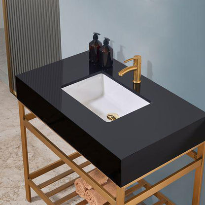 Altair Nauders 36" Brushed Gold Single Stainless Steel Bathroom Vanity Set Console With Imperial Black Stone Top, Single Rectangular Undermount Ceramic Sink, and Safety Overflow Hole