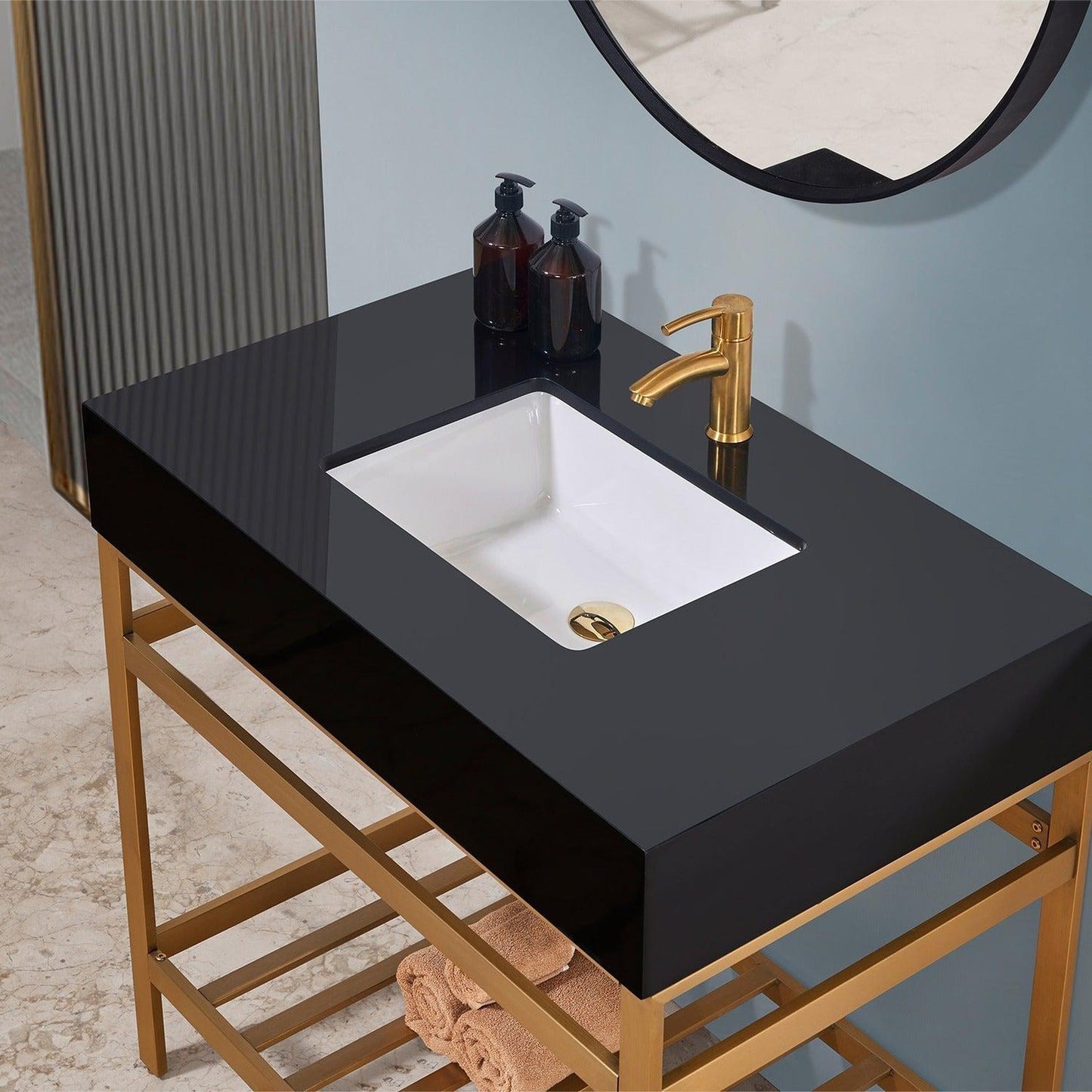 Altair Nauders 36" Brushed Gold Single Stainless Steel Bathroom Vanity Set Console With Mirror, Imperial Black Stone Top, Single Rectangular Undermount Ceramic Sink, and Safety Overflow Hole