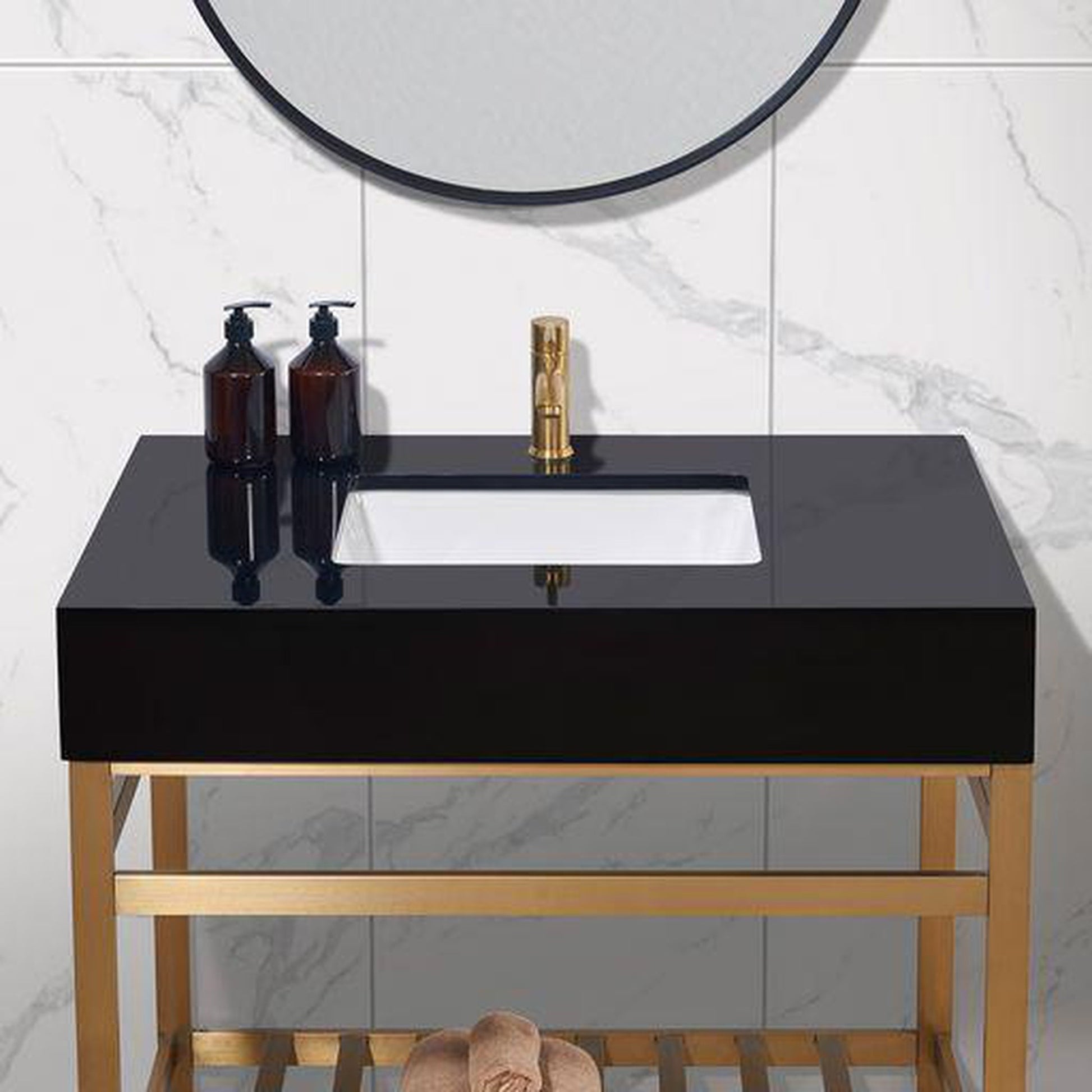 Altair Nauders 36" x 22" Imperial Black Apron Composite Stone Bathroom Vanity Top With White Sink
