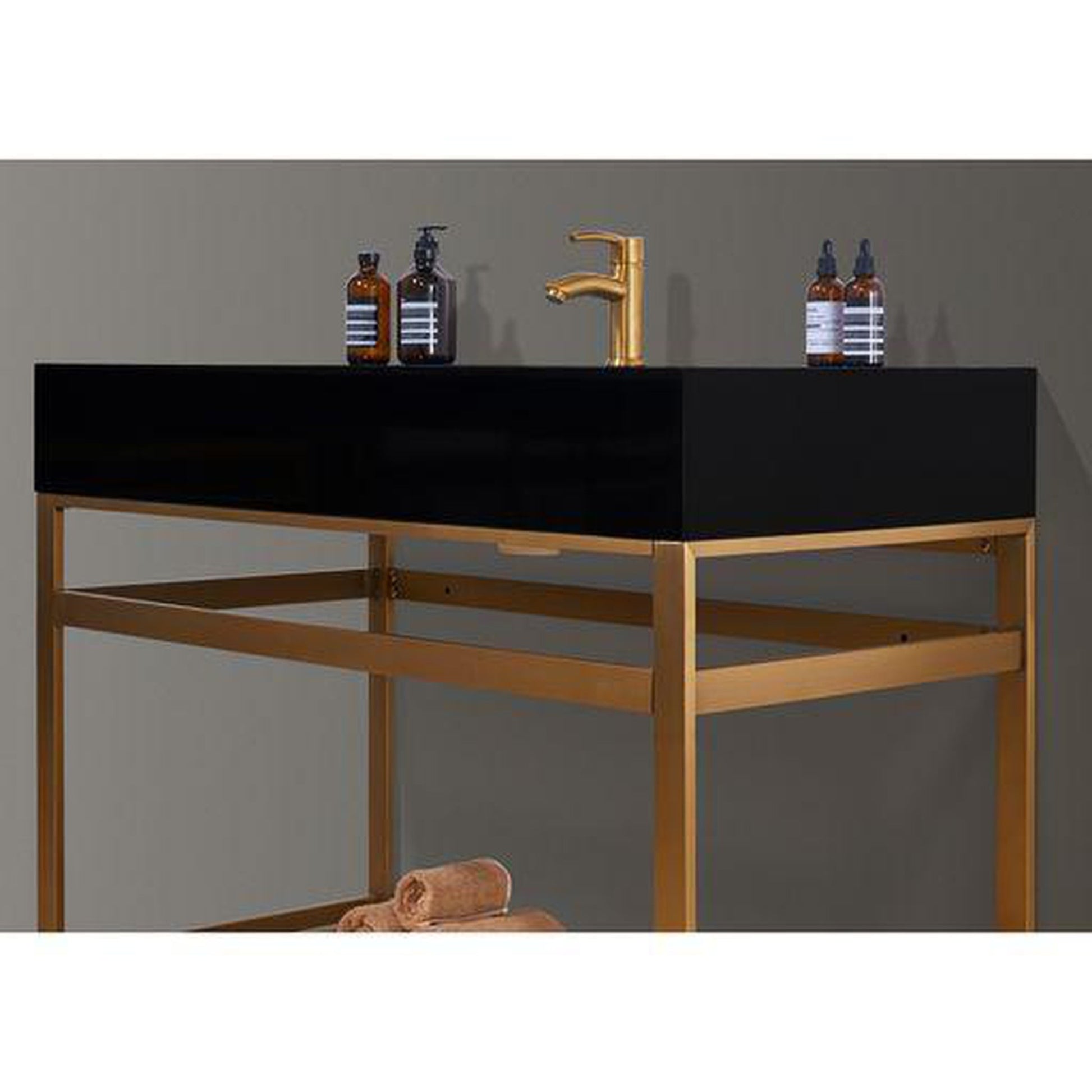 Altair Nauders 42" Brushed Gold Single Stainless Steel Bathroom Vanity Set Console With Imperial Black Stone Top, Single Rectangular Undermount Ceramic Sink, and Safety Overflow Hole