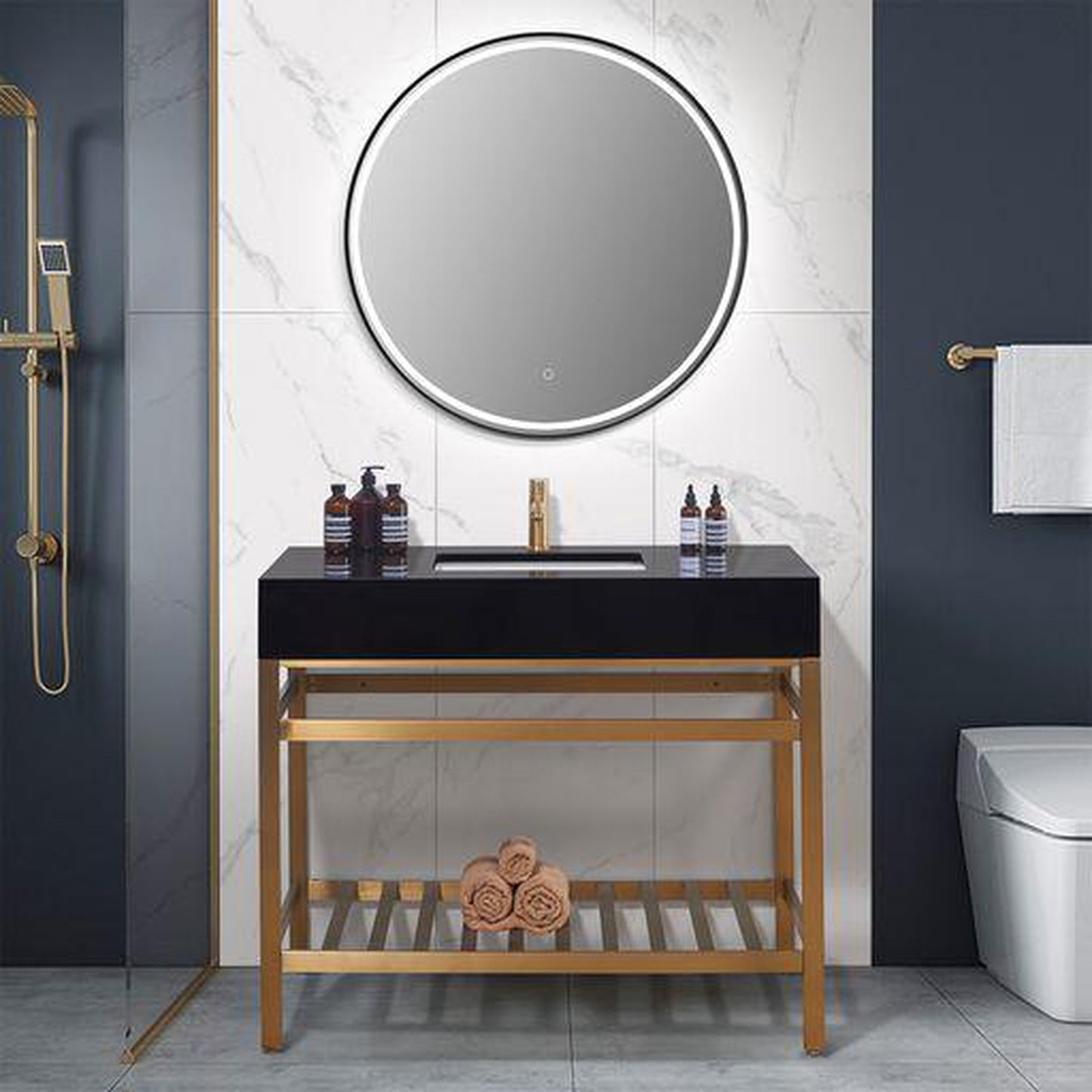 Altair Nauders 42" Brushed Gold Single Stainless Steel Bathroom Vanity Set Console With Mirror, Imperial Black Stone Top, Single Rectangular Undermount Ceramic Sink, and Safety Overflow Hole