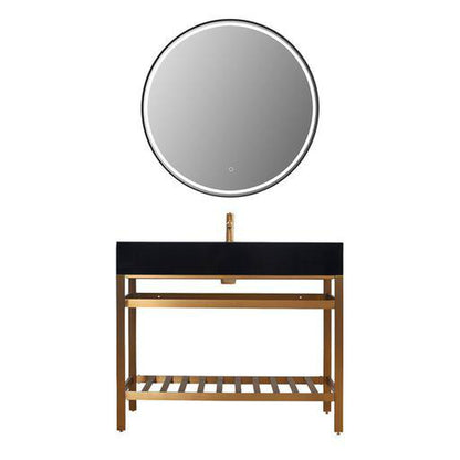 Altair Nauders 42" Brushed Gold Single Stainless Steel Bathroom Vanity Set Console With Mirror, Imperial Black Stone Top, Single Rectangular Undermount Ceramic Sink, and Safety Overflow Hole