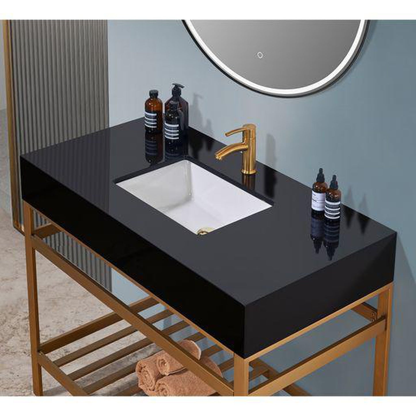 Altair Nauders 42" Brushed Gold Single Stainless Steel Bathroom Vanity Set Console With Mirror, Imperial Black Stone Top, Single Rectangular Undermount Ceramic Sink, and Safety Overflow Hole