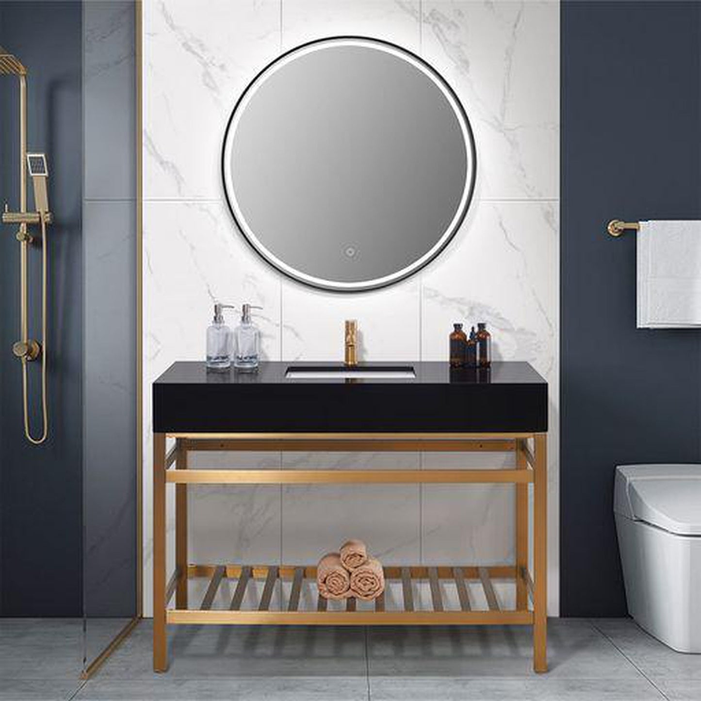 Altair Nauders 48" Brushed Gold Single Stainless Steel Bathroom Vanity Set Console With Mirror, Imperial Black Stone Top, Single Rectangular Undermount Ceramic Sink, and Safety Overflow Hole