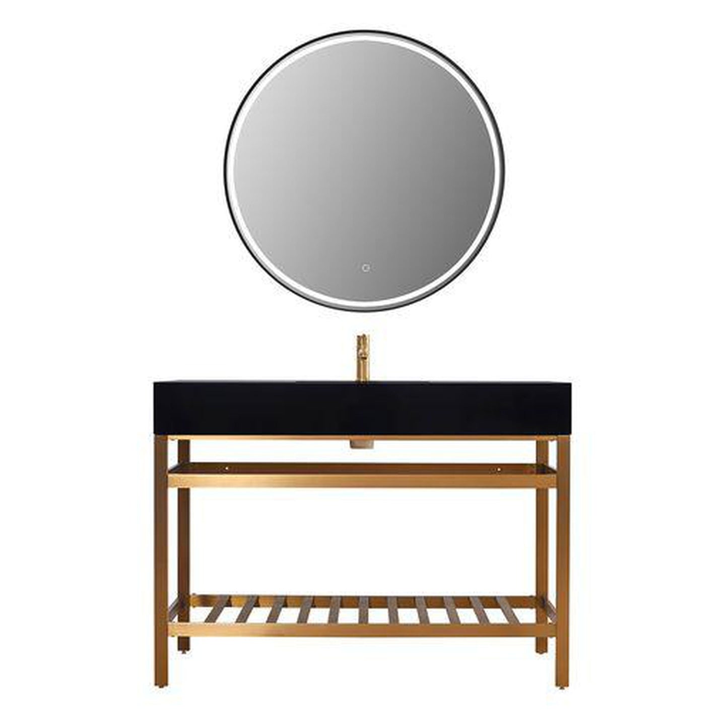 Altair Nauders 48" Brushed Gold Single Stainless Steel Bathroom Vanity Set Console With Mirror, Imperial Black Stone Top, Single Rectangular Undermount Ceramic Sink, and Safety Overflow Hole