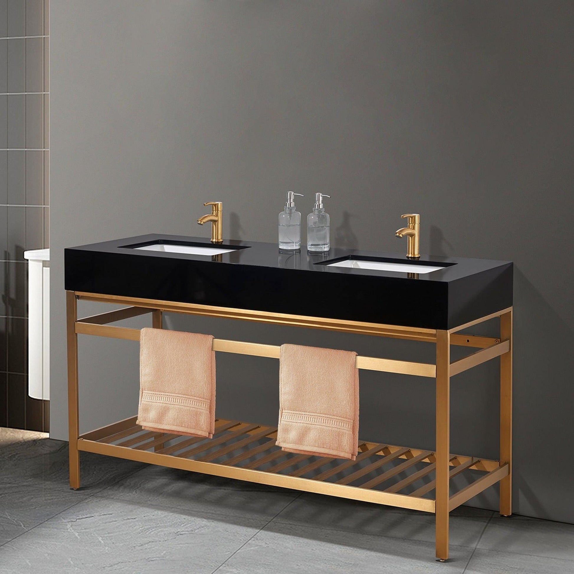 Altair Nauders 60" Brushed Gold Double Stainless Steel Bathroom Vanity Set Console With Imperial Black Stone Top, Two Rectangular Undermount Ceramic Sinks, and Safety Overflow Hole