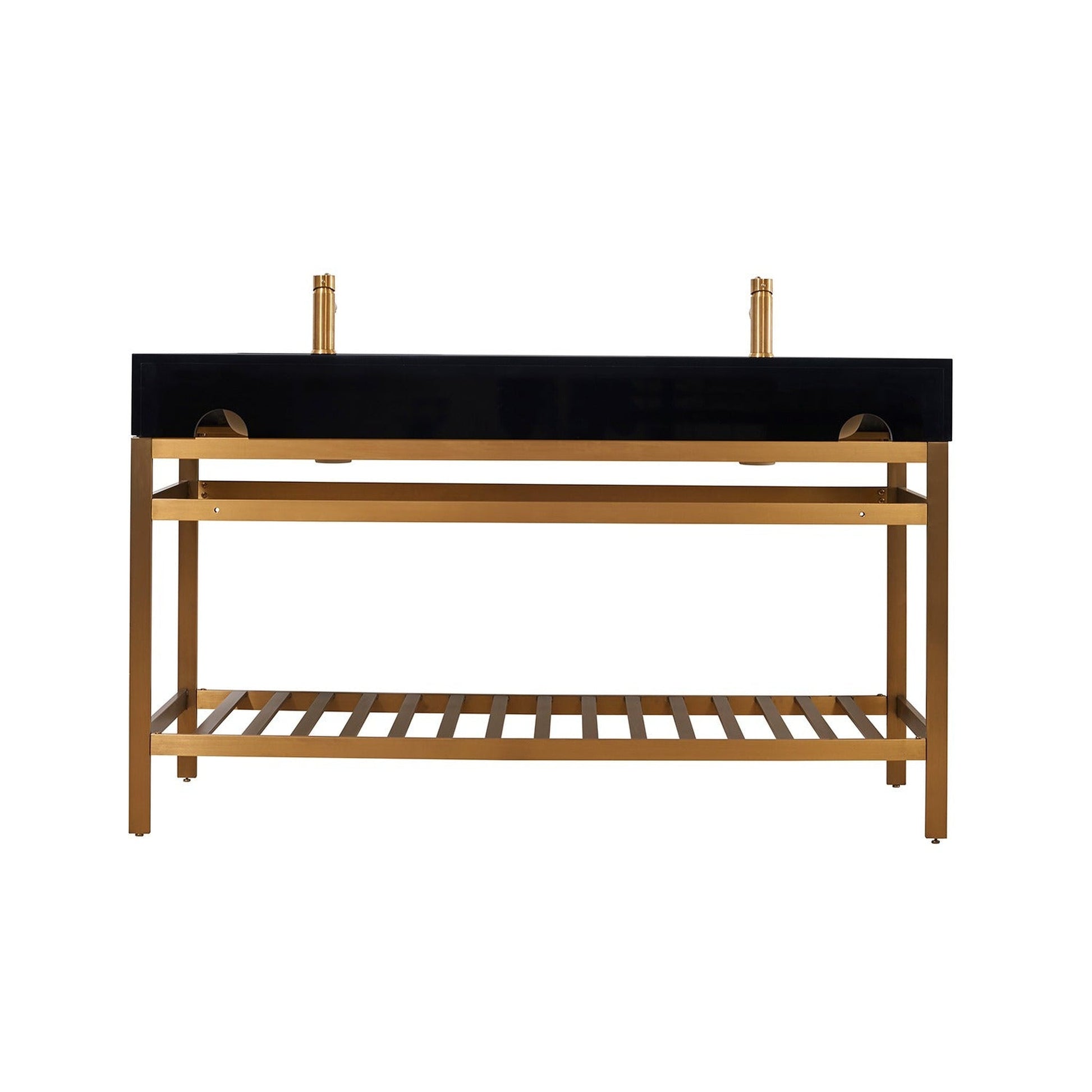 Altair Nauders 60" Brushed Gold Double Stainless Steel Bathroom Vanity Set Console With Imperial Black Stone Top, Two Rectangular Undermount Ceramic Sinks, and Safety Overflow Hole