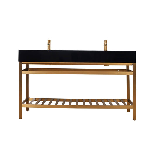 Altair Nauders 60" Brushed Gold Double Stainless Steel Bathroom Vanity Set Console With Imperial Black Stone Top, Two Rectangular Undermount Ceramic Sinks, and Safety Overflow Hole