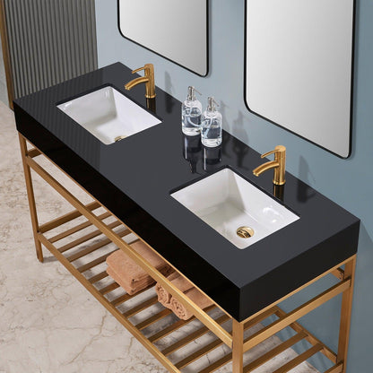 Altair Nauders 60" Brushed Gold Double Stainless Steel Bathroom Vanity Set Console With Mirror, Imperial Black Stone Top, Two Rectangular Undermount Ceramic Sinks, and Safety Overflow Hole