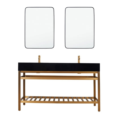 Altair Nauders 60" Brushed Gold Double Stainless Steel Bathroom Vanity Set Console With Mirror, Imperial Black Stone Top, Two Rectangular Undermount Ceramic Sinks, and Safety Overflow Hole