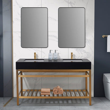 Altair Nauders 60" Brushed Gold Double Stainless Steel Bathroom Vanity Set Console With Mirror, Imperial Black Stone Top, Two Rectangular Undermount Ceramic Sinks, and Safety Overflow Hole